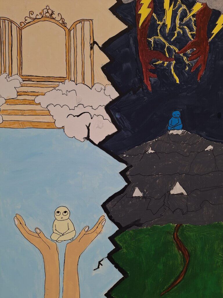 Kuvassa on jaettu näkymä kahteen osaan. Vasemmalla puolella on taivaan portaat, jotka johtavat avoimelle portille pilvien keskellä. Kädet pitelevät istuvaa hahmoa sinisellä taustalla. Oikealla puolella on synkkä maisema,