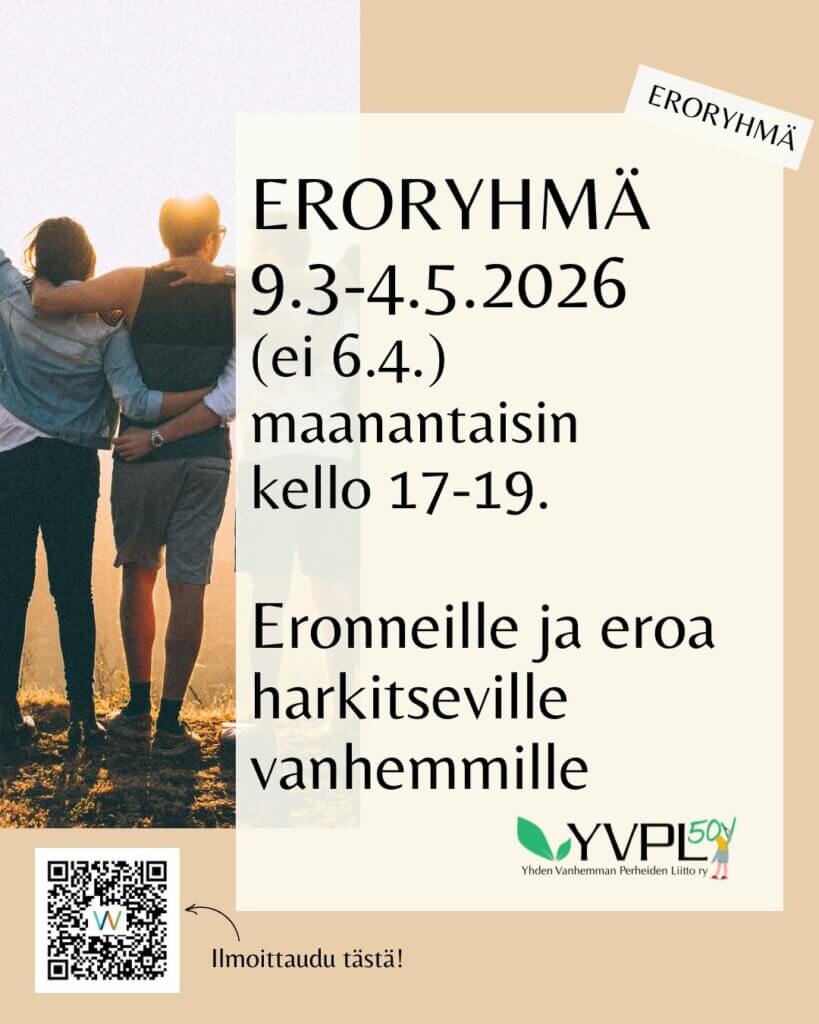 Kuva, jossa näkyy kolme ihmistä takaapäin katsomassa yhdessä auringonlaskua. Tekstissä lukee: ERORYHMÄ 9.3-4.5.2026 (ei 6.4.) maanantaisin kello 17-19. Eronneille ja eroa hark