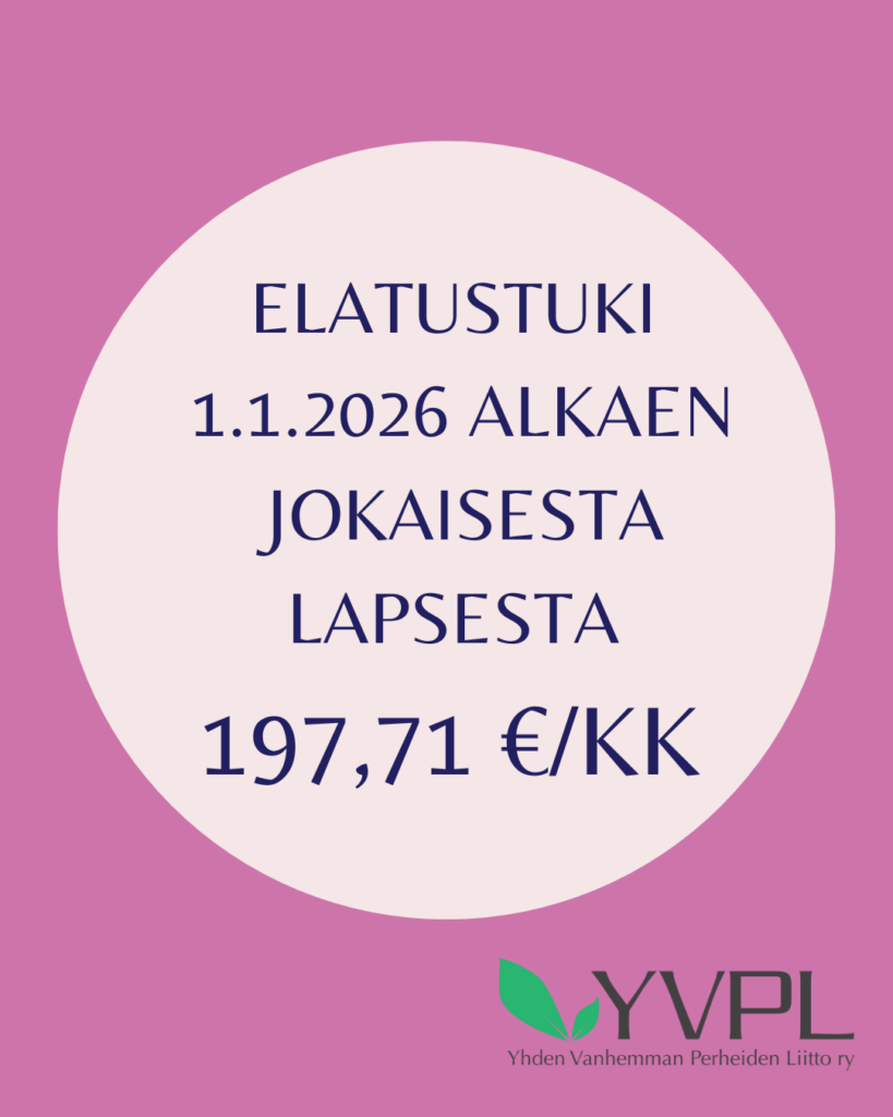 Kuvassa on vaaleanpunainen tausta ja sen keskellä valkoinen ympyrä, jossa lukeva teksti: Elatustuki 1.1.2026 alkaen jokaisesta lapsesta 197,71 €/kk. Alaoikealla on vihreä logokuvio ja teksti