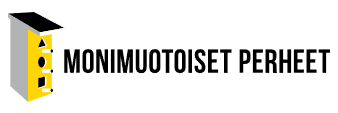 Kuvassa on monimuotoiset perheet -logo, jossa on keltainen, musta ja harmaa talon muoto ja sen vieressä teksti MONIMUOTOISET