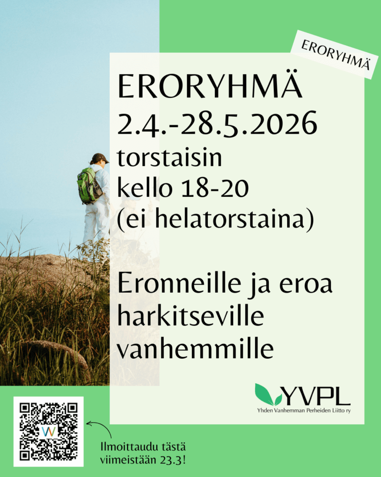 Kuvassa on mainos eroryhmästä, joka järjestetään 2.4.–28.5.2026 torstaisin kello 18-20 (ei helatorstaina). Ryhmään voivat osallistua eronneet ja eroa harkitsevat vanhemmat. Alareunassa on QR-koodi ja