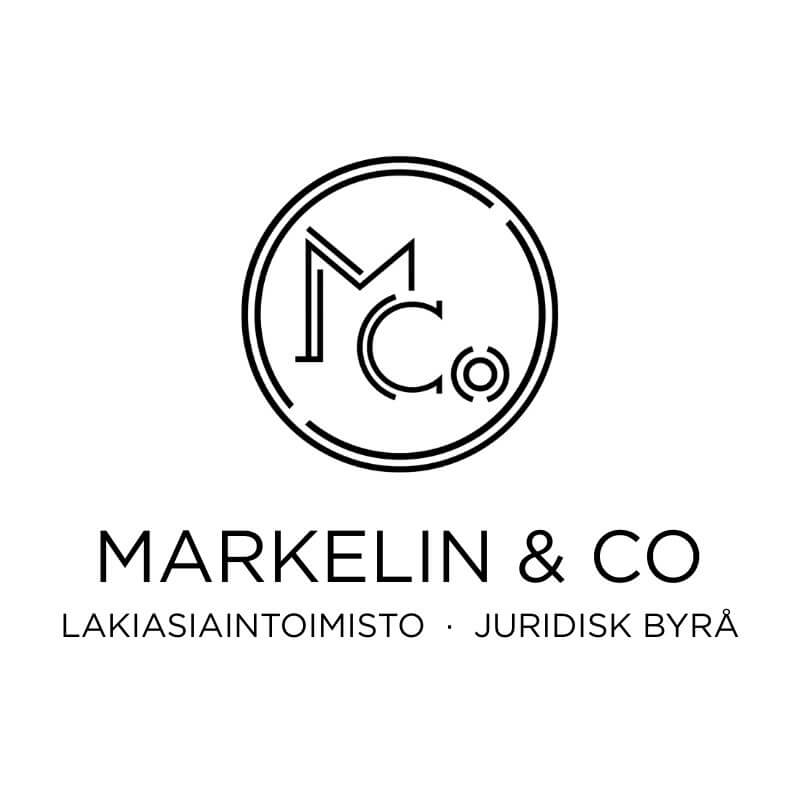 Yrityksen logo, jossa on kirjoitettu Markelin & Co. Logon alla lukee Laki­asia­intoimisto ja Juridisk Byrå. Pyöreän logon