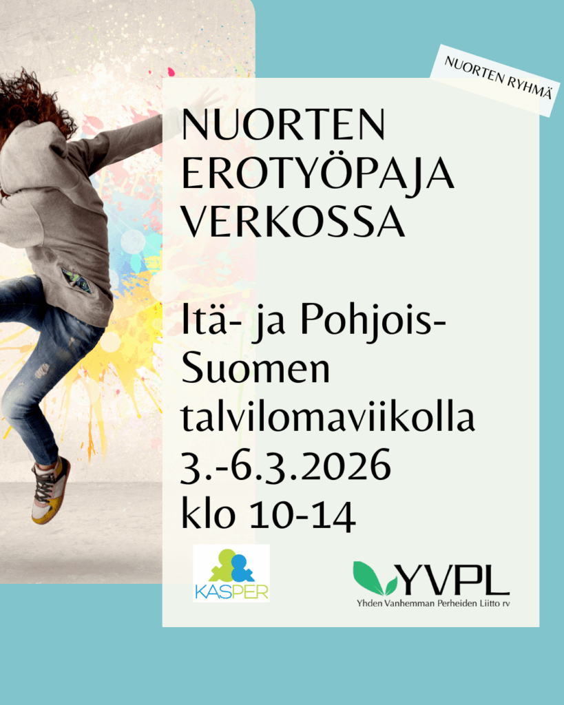 Nuori henkilö pomppaa värikkäällä taustalla. Teksti kertoo Nuorten erotyöpaja verkossa, ja tapahtuma-ajankohdan, Itä- ja Pohjois-Suomen talvilomaviikolla 3.-6.3.2026 klo 10-14. Alareunassa on Kasper ja YVPL -logot.