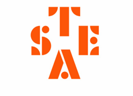 Oranssi STEA-logo valkoisella taustalla. Logo muodostuu kirjaimista, jotka on järjestetty neliömäisesti.